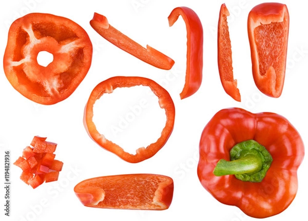 Obraz Set red bell pepper sweet and cut in half, into slices and cubes isolated on a transparent background. Completely in focus. Focus stacking. Top view.
