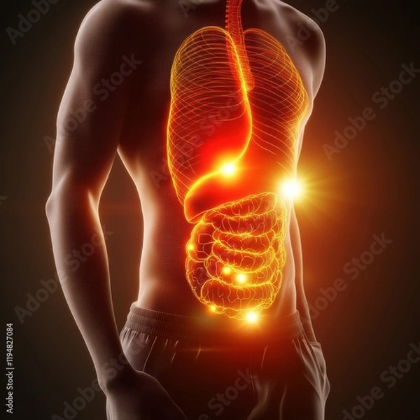 Fototapeta Glowing human torso with vibrant focal point in the stomach area representing inner energy and vitality. Generative AI