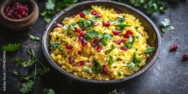 Fototapeta Traditional Indian breakfast bowl of Poha garnished with pomegranate seeds green chilies and fresh coriander on a dark rustic background