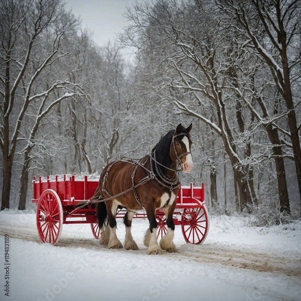 Obraz A Clydesdale pulling a red and white wagon in a snowy winter scene.