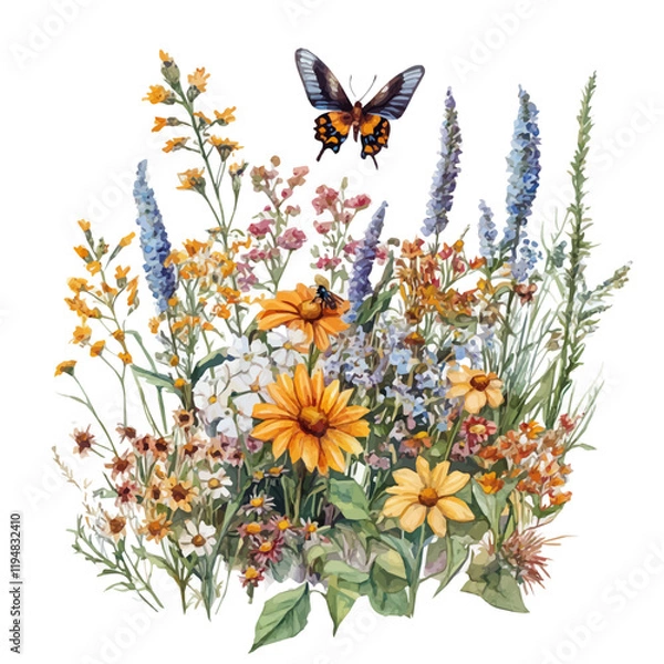 Fototapeta A watercolor painting of a pollinator ecosystem, with bees, butterflies, and flowers interacting, isolated on a white background. Ecosystem vector.
