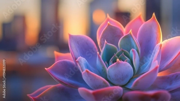 Fototapeta Close-up of a vibrant succulent with a blurred cityscape at twilight in the background