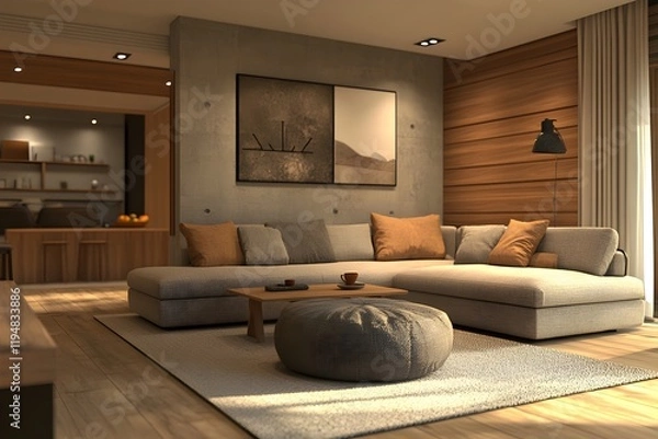 Fototapeta Modern L-Shaped Sofa in Cozy Living Room Interior Design with Wooden Accents and Neutral Color Palette. Comfortable Seating Area with Stylish Coffee  