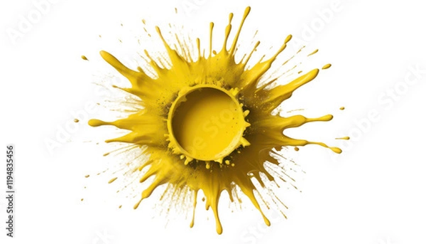 Fototapeta Isolated vibrant yellow Holi splash, bursting in a circular pattern with sharp, angular particles on a transparent background PNG.