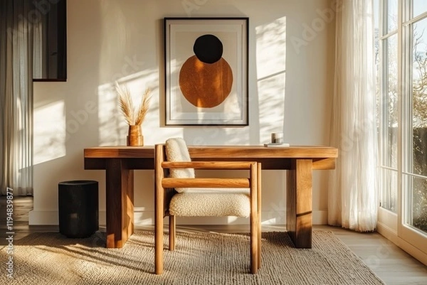 Fototapeta A photo of the most beautiful home office interior design in earth tones, with a wood desk and an abstract poster on the wall
