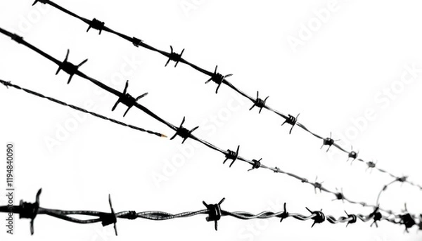 Fototapeta Barbed Wire Fence Close Up, Black and White Photography, Sharp Spikes, Detailed Texture, Isolated on White Background, Security   