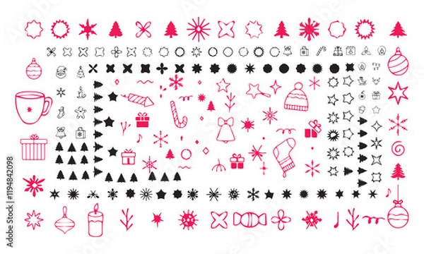 Fototapeta New Year doodle icons set and Christmas. Snowflakes, Christmas balls, gift box, winter branches in sketch style. Hand drawn vector illustration isolated on white background