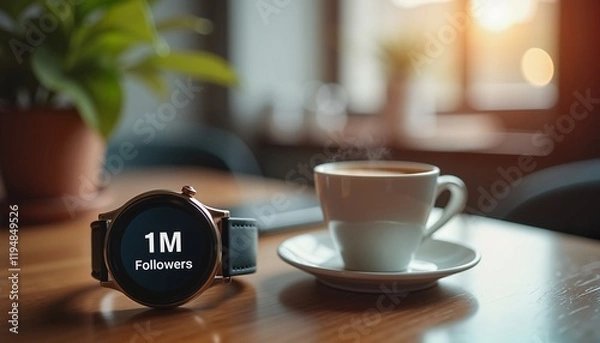 Obraz Smartwatch displaying 1M Followers alongside coffee cup, influencer success concept