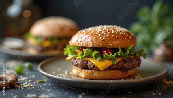 Fototapeta Delicious homemade cheeseburger with fresh vegetables served on a rustic table