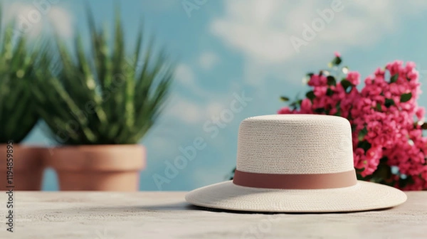 Fototapeta Stylish sun hat resting on a table with vibrant plants and flowers in the background.