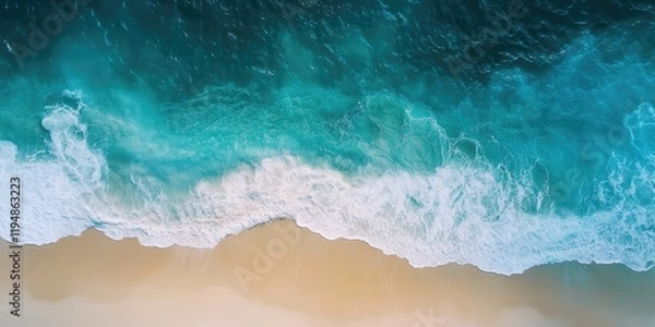 Fototapeta Aerial view of a tranquil beach with turquoise waves meeting golden sand captured from above highlighting natural textures and colors.