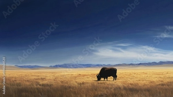 Fototapeta A wild yak grazing on the open plains of Tibet under a deep blue sky