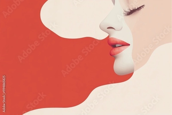 Fototapeta Minimalistic illustration of a woman’s face with vibrant red lips and soft curves. A modern design representing femininity and elegance, ideal for Women’s Day or creative branding.
