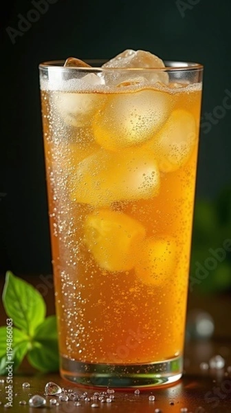 Fototapeta Cold drink golden liquid ice cubes fizzy beverage
