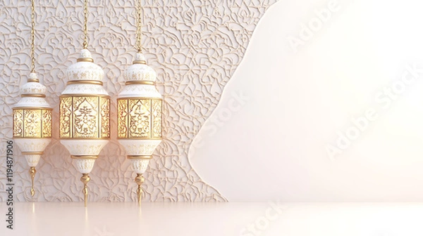 Fototapeta Luxurious Arabian light golden background with ornate lanterns in white and gold , copy space