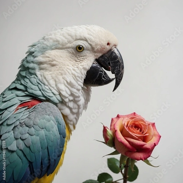 Fototapeta A parrot leaning forward to nuzzle a fully bloomed rose, the delicate petals curving softly under its beak on a bright white backdrop.