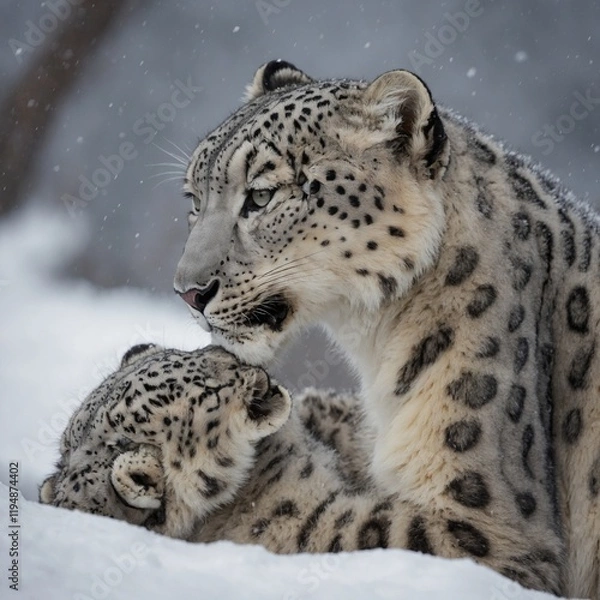Fototapeta A snow leopard mother nuzzling her cub.