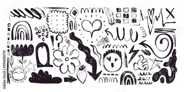 Fototapeta Grunge Charcoal and Pencil Girly Scribbles. Hand drawn design doodle shapes. Creative playful banner with graffiti abstract elements