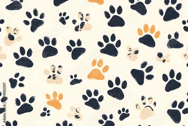 Obraz Seamless Doodle Paw Print Pattern with Black Outline Designs for Playful Themes-