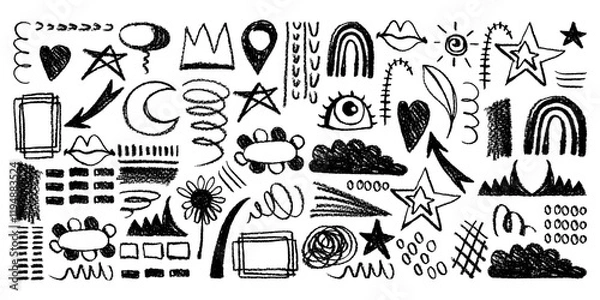 Fototapeta Collection of Grunge Charcoal and Pencil Girly Sketches. Hand drawn design doodle shapes. Creative playful banner with graffiti abstract elements