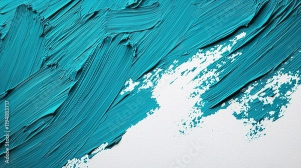Fototapeta A vibrant teal paint stroke on a textured white background, showcasing artistic flair and color contrast.