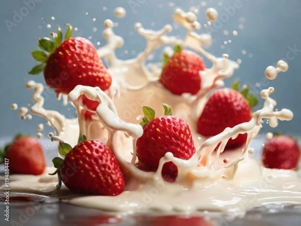 Fototapeta strawberries fall into milk splashing in all direction