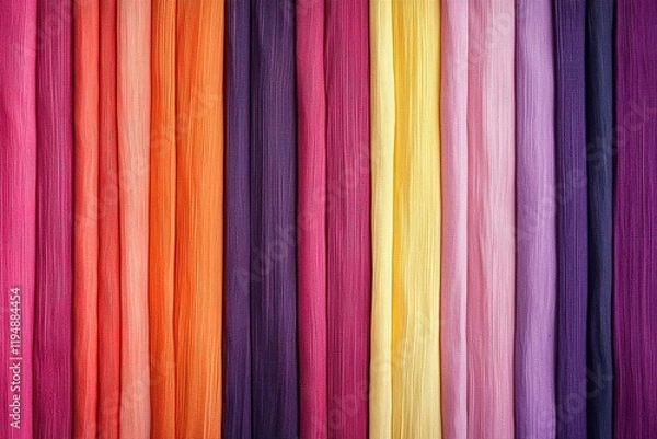 Fototapeta A vibrant array of colorful fabric strips arranged vertically, showcasing hues from orange to purple, ideal for textile and design inspiration.