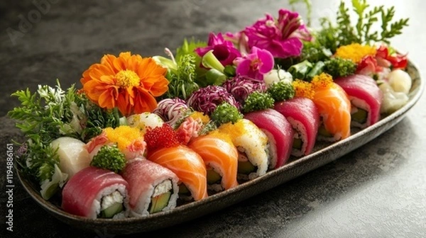 Fototapeta A stunning display of colorful sushi rolls awaits diners in an elegant setting. Each roll is beautifully adorned with edible flowers and fresh greens, showcasing culinary artistry