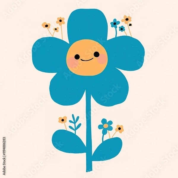 Fototapeta A cute, cartoon-style flower with a smiling face and colorful petals, surrounded by smaller flowers on a light background.