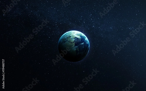 Obraz Ziemia z kosmosu ukazująca całe swoje piękno. Niezwykle szczegółowy obraz, w tym elementy dostarczone przez NASA. Dostępne są inne orientacje i planety.