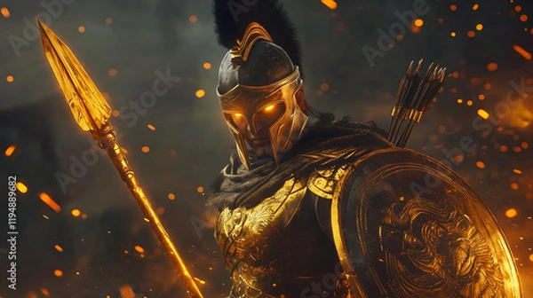 Fototapeta Close up of a Spartan warrior in flames