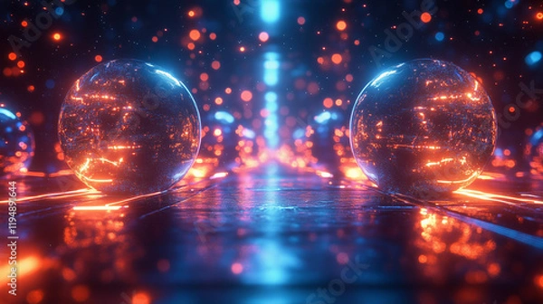 Fototapeta A rhythmic arrangement of glowing spheres with bright highlights reflected in a deep blue space.
