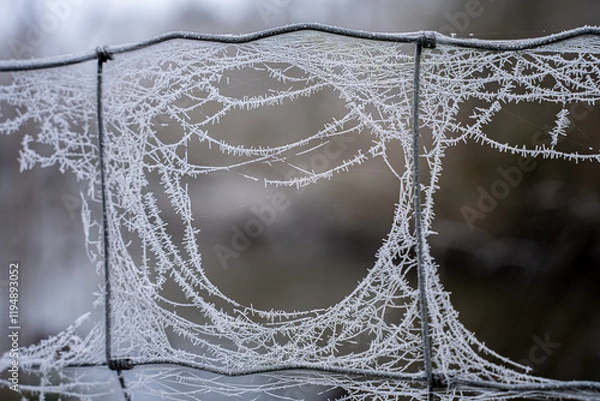 Fototapeta frosted cobweb on a wire fence