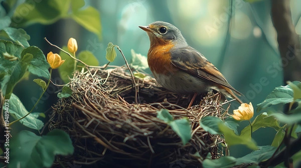 Obraz Illustration of Bird, Nest, Nature Wildlife, Spring, Leaves, Flowers, Branches, Forest, Animal, Sanctuary