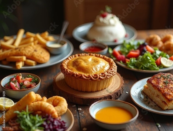 Fototapeta Delicious feast featuring various dishes on a rustic wooden table