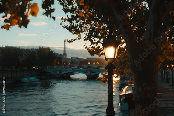 Fototapeta Twilight view of a European river with historic landmarks. Generative AI image