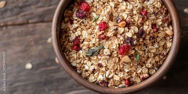 Fototapeta Wooden bowl filled with colorful muesli featuring oats, nuts, and dried fruits against a textured wooden background, showcasing earthy tones and natural textures.