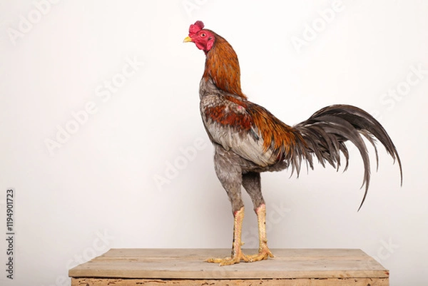 Obraz A gray rooster stands proudly on a wooden table with a white background