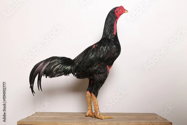 Obraz A black rooster stands proudly on a wooden table with a white background