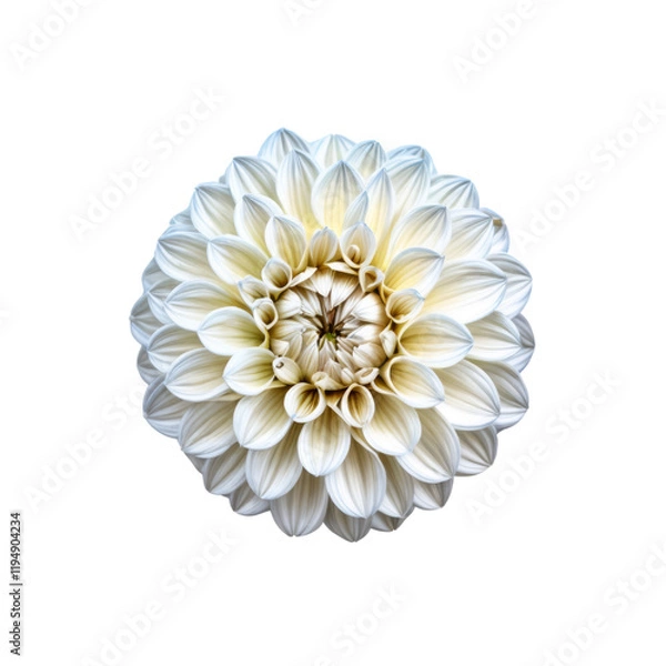 Fototapeta Dahlia's Delicate Bloom: Captivating top-down shot of a pristine white Dahlia, its petals delicately arranged in a perfect spherical shape, radiating purity and grace.