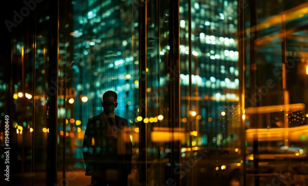 Fototapeta Businessman standing behind glass with cityscape reflections. Generative AI image