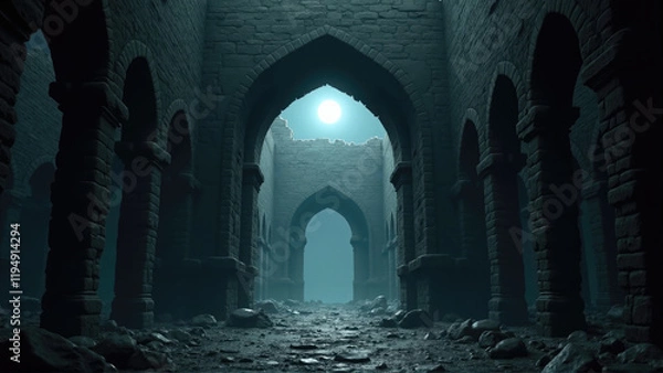 Fototapeta Mystical underground ruins illuminated by moonlight with ancient stone arches and a mysterious atmosphere