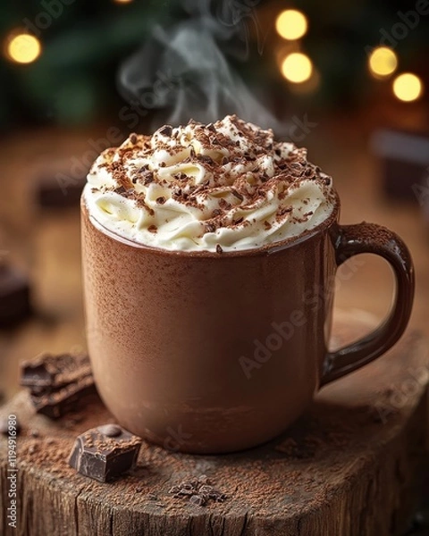 Fototapeta [Winter holiday coffee drinks with whipped cream and spices] Festive Mocha Perfection Whipped Cream, Chocolate Shavings & Cinnamon Sprinkles