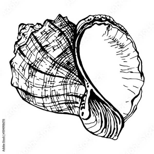 Fototapeta Hand drawn seashell in outline engraving style. Isolated on a white background. Vector illustration. Perfect for invitations, greeting cards, postcard, print, fashion design, t-shirts, pillows, plates