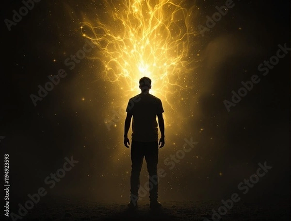 Fototapeta silhouette of a person standing in front of a bright, golden, and electric-like light emanating from their head, creating a striking contrast against the dark background.