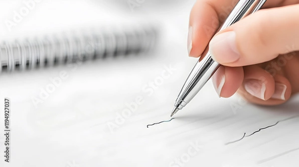 Obraz Close-up of a hand holding a silver pen, gracefully writing on white paper with a spiral notebook in the background, suitable for educational, office, or creative concepts. Selective focus