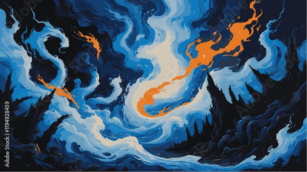 Obraz Fiery surreal landscape with swirling dark silhouettes.