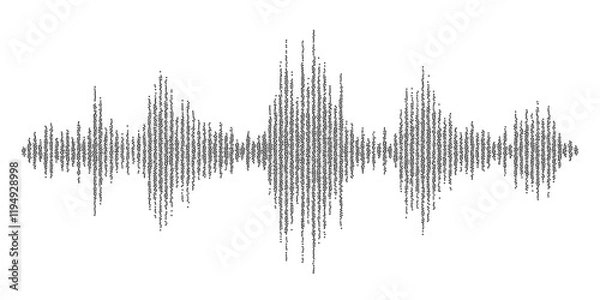 Fototapeta Black stipple halftone vector sound waves flow isolated on a white background. Geometric noise waveform pattern is made of dots and grains for music, dictaphone, podcast, or voice message concept