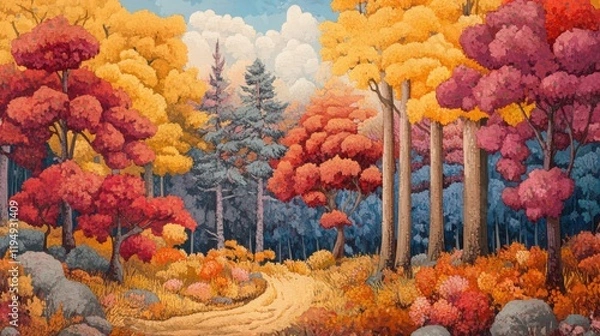Fototapeta A vibrant autumn forest scene with a winding path and colorful foliage under a cloudy sky