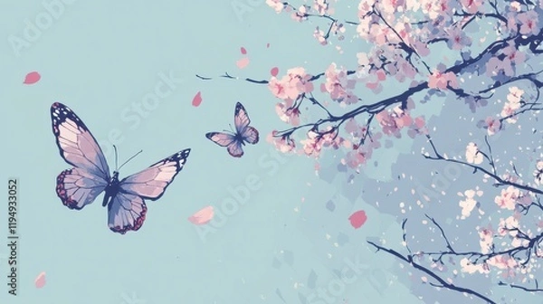 Fototapeta The pastel backdrop changes from soft turquoise to lavender, creating a serene canvas. The butterflies add a unique touch, their wings colored in soft pink and purple hues.